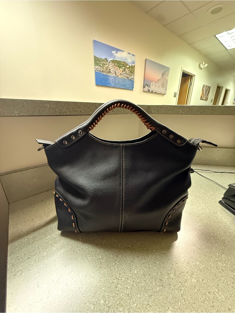 HESHE Genuine Black Leather Satchel Handbag